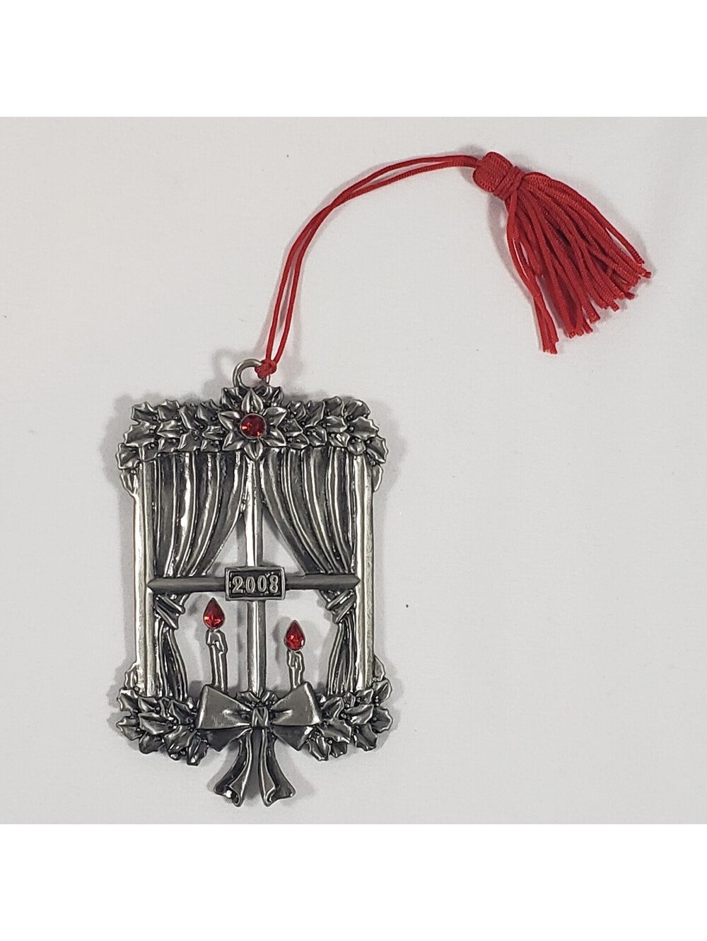 Avon 2008 Christmas Ornament Window Candles Poinsettia Red Tassel Pewter Tone